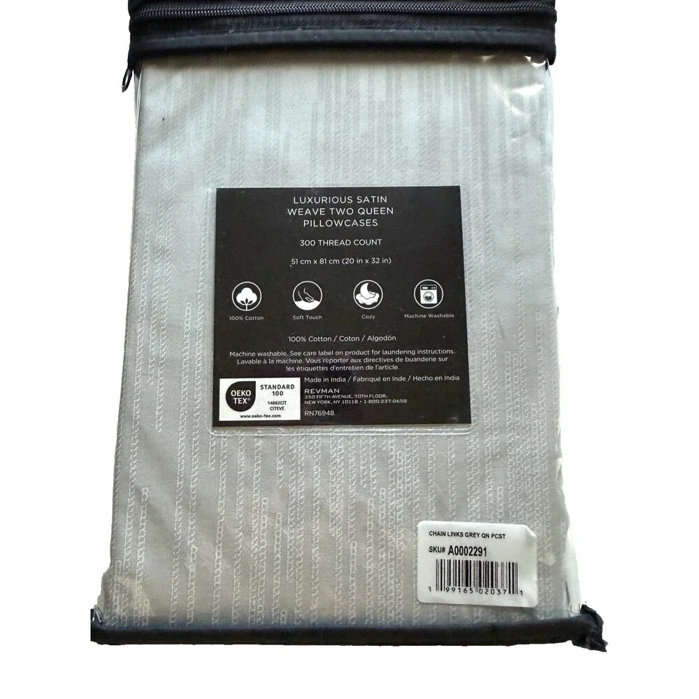 Vera Wang Chain Links Queen Pillowcases Set Of 2 Satin Weave 100% Cotton 300 TC